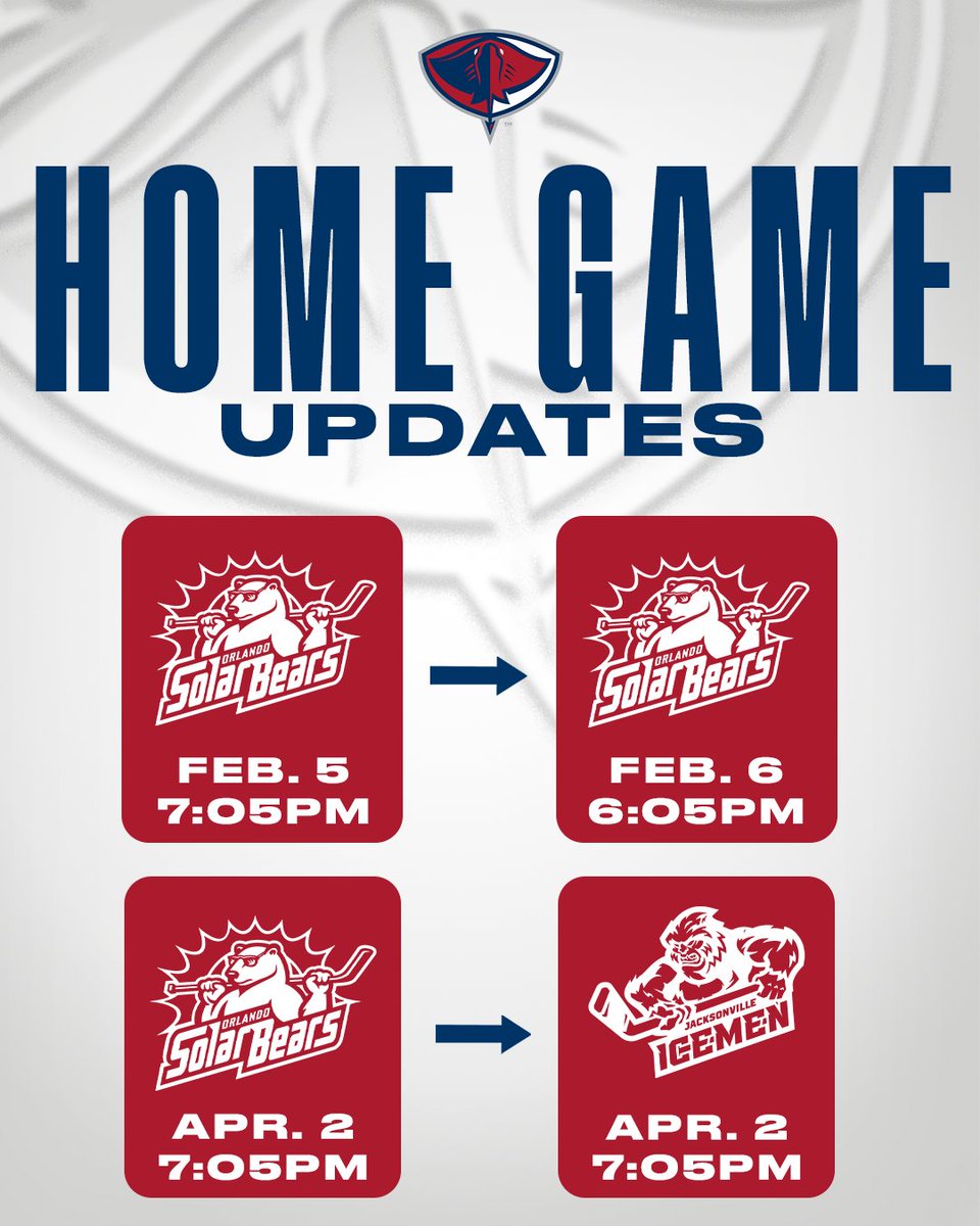 SCStingrays's tweet photo. Hey Fans! We have some minor changes to our home and away schedule.

Our home game Friday, February 5 will be changed to Saturday, February 6 and we will now play the Jacksonville Icemen on Friday, April 2!

🗞️ Full info: https://t.co/VxMapohNpi https://t.co/oLp420FscU