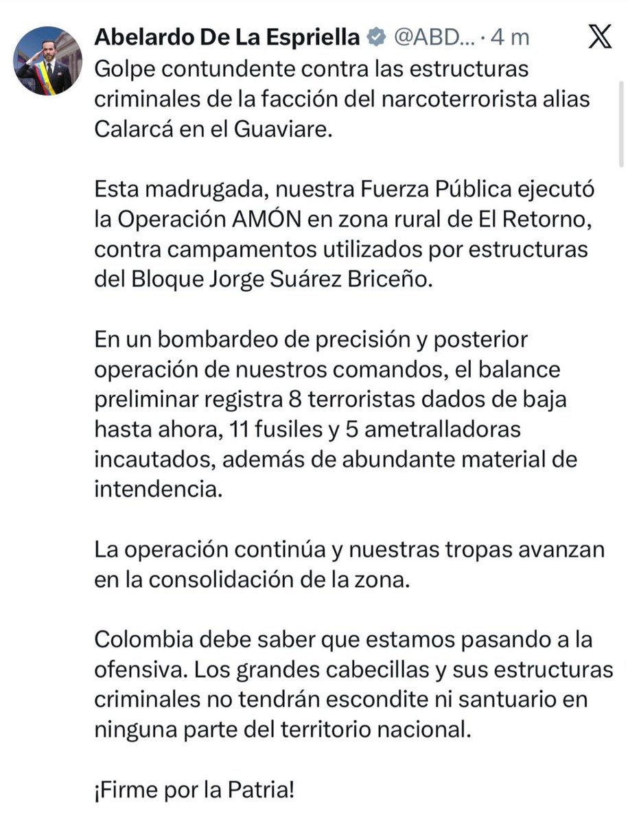 ELTIEMPO's tweet photo. 🔴Atención: Fuerza Pública lanza la segunda operación de bombardeo del gobierno de De La Espriella; fue contra las disidencias de ‘Calarcá’ en Guaviare. 

“En un bombardeo de precisión y posterior operación de nuestros comandos, el balance preliminar registra 8 terroristas dados de baja”. 🔽

https://t.co/k9wF7iOu49