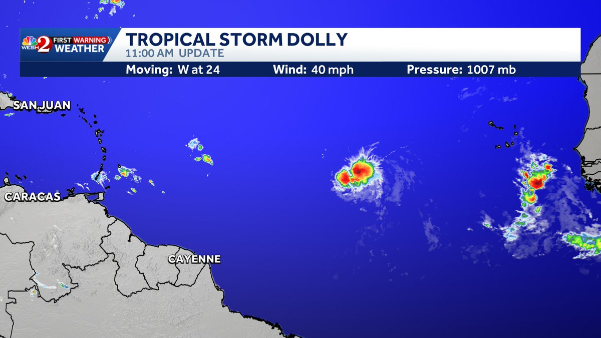 TMainolfiWESH's tweet photo. Tropical Storm #Dolly has formed and likely will be a short lived storm as upper level strong winds and dry air will take its toll on this system as early as tomorrow and on approach to the #Leeward Islands. Stay with #weshwx for updates. https://t.co/AgFrPUm3UP