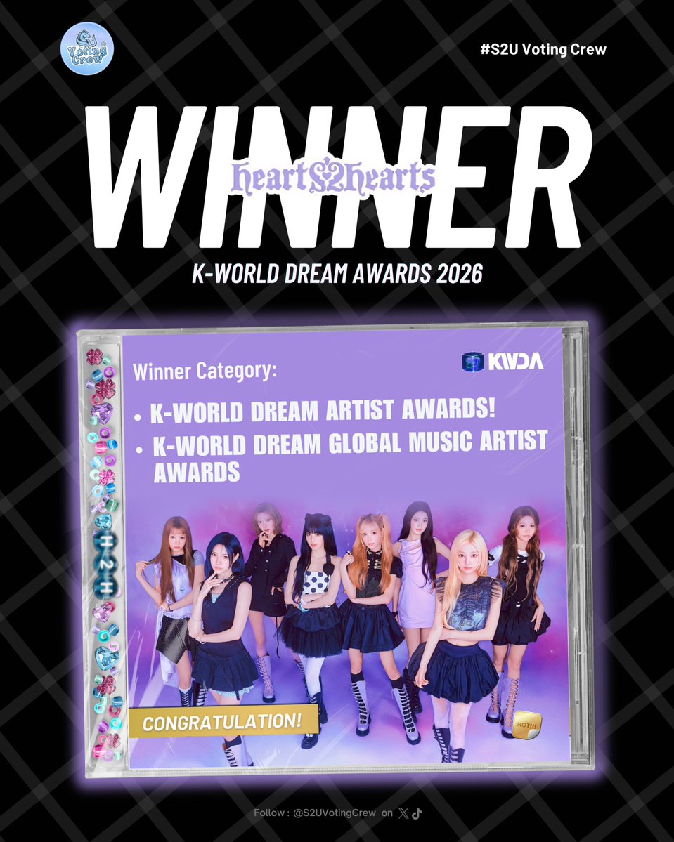 S2UVotingCrew's tweet photo. 🏆 KWDA WINNER HEARTS2HEARTS 

Congratulations to hitcuhit and lemenping~
for bringing home 3 trophies tonight at the K-WORLD DREAM AWARDS 2026 🩵🎉

•K-World Dream Artist Awards
•K-World Dream Global Artist Awards 
•Solo Popularity Awards 

More trophies and achievements 🍀

#Hearts2Hearts #하츠투하츠 #CARMEN #카르멘