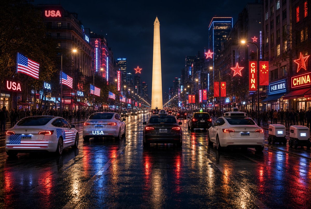 lain_calvo's tweet photo. [Opinion] Argentina might be the most interesting US vs China tech battlefield right now

Uber vs DiDi. Tesla arriving vs BYD rumored for River’s stadium. BA just opened a sandbox for self-driving cars and robots.

Buenos Aires could be where they actually compete in the real world.

These days, over coffees with friends, one with @gminoprio visiting from San Francisco and another with a friend who spent a month in China, we talked about this: Argentina could become the unexpected battlefield for US vs China technologies.

Here you can already choose @Uber (USA) or DiDi (China). They’re competing hard. 

Now the next fight is electric cars. @Tesla is opening operations. At the same time, Chinese car manufacturers are growing in sales, while BYD is said to be close to a naming deal for River Plate’s stadium: BYD Monumental, the most important Stadium in South America.
https://t.co/LxZlEEdN2V

This week BA City approved a regulatory sandbox for self-driving cars and delivery robots. Opening possibilities for new tech to arrive. Do you imagine a @Waymo around BA? 
https://t.co/ARYhfPAOkc

Maybe Buenos Aires ends up being the city where these technologies actually coexist and compete. 
Really excited to see what happens.