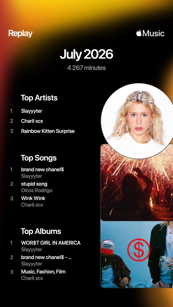 worststan's tweet photo. The fact that brand new chanel$ was my #1 song on apple music for July is scary. @slayyyter https://t.co/68GQJZRn6G