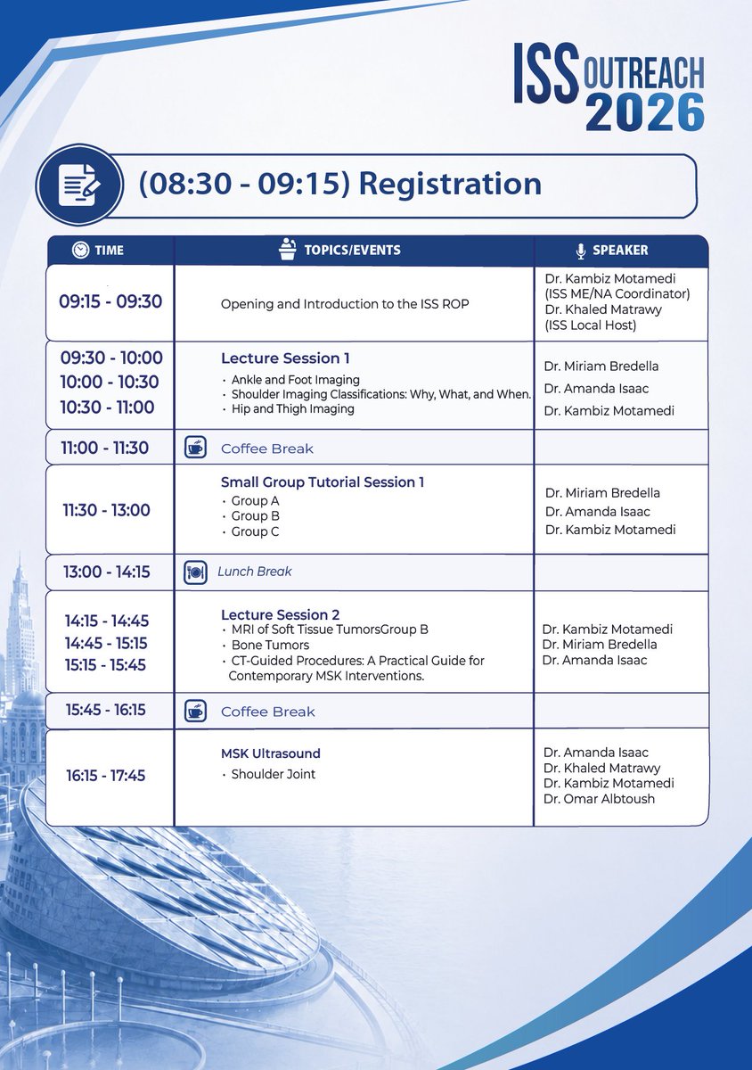 ISS_Bone's tweet photo. In the spirit of ongoing global #MSK education, we'd like to announce an upcoming ISS Outreach in Alexandria, Egypt in collaboration with Alexandria University. 

September 3 - 4, 2026.

Full details in attached images for speaker lineup and days 1 &amp; 2 schedule.

@BredellaMD https://t.co/jvhbHh0QhM