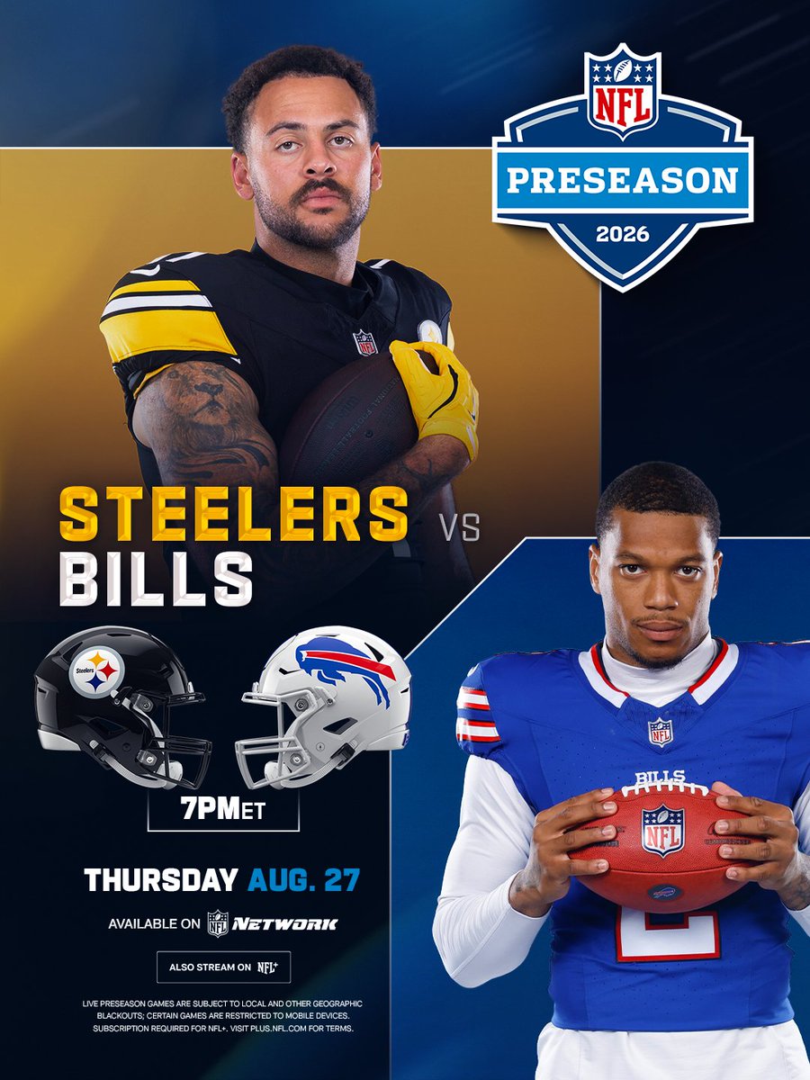 NFL's tweet photo. Pittsburgh heads to Buffalo for tonight's preseason matchup 😤

PITvsBUF – 7pm ET on @NFLNetwork
Stream on @NFLPlus https://t.co/g0XG3w50Xl