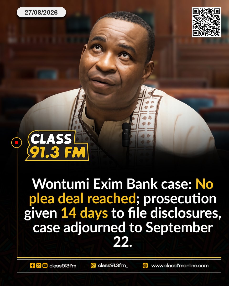 Class913fm's tweet photo. No plea deal for Wontumi in GH¢30m EXIM Bank fraud case, Accra High Court orders trial, case adjourned to September 22.

#ClassFM https://t.co/YBxiAZ31Uz