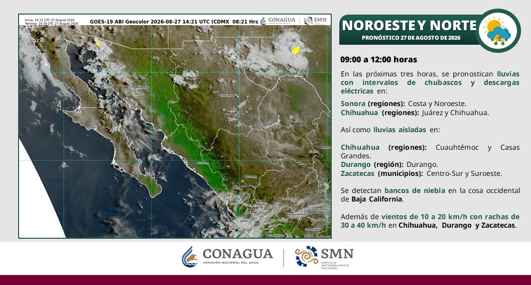 conagua_clima's tweet photo. De las 9 a las 12 h se prevén #Chubascos y #DescargasEléctricas en zonas de #Sonora y #Chihuahua. Asimismo se pronostican bancos de #Niebla en #BajaCalifornia así como #Vientos de 10 a 20 km/h con rachas de 30 a 40 km/h en #Chihuahua, #Durango y #Zacatecas https://t.co/jSoMWp6p6P