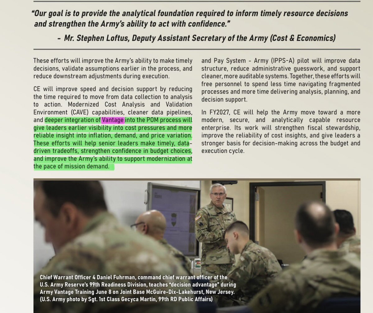 JackPrescottX's tweet photo. $PLTR More info on the Army leveraging Vantage (built on @PalantirTech) for their 2027 financial management strategy: 

“Modernized Cost Analysis and Validation
Environment (CAVE) capabilities, cleaner data pipelines, and deeper integration of Vantage into the POM process will give leaders earlier visibility into cost pressures and more reliable insight into inflation, demand, and price variation. These efforts will help senior leaders make timely, data-driven tradeoffs, strengthen confidence in budget choices, and improve the Army’s ability to support modernization at the pace of mission demand.”