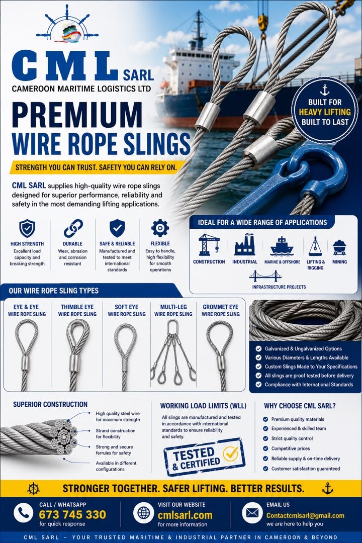 CMLSARL237's tweet photo. ⚓ PREMIUM WIRE ROPE SLINGS FROM CML SARL! 🔩

For safe, reliable and heavy-duty lifting, choose wire rope slings supplied by CML SARL.

📞 Call / WhatsApp: 673 745 330
🌐 https://t.co/EyLIUjeLCR
📧 Contactcmlsarl@gmail.com https://t.co/xqIjPitUIq