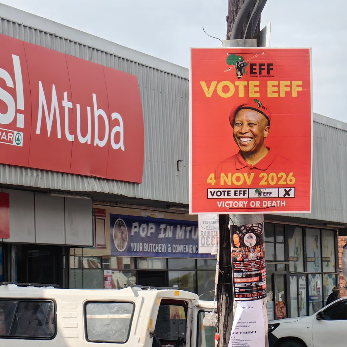 EFFKZN's tweet photo. EFF Mayoral Candidate for Inkosi Mtubatuba Local Municipality Fighter Mandla Shangase , leading a postering programme in Mtubatuba ahead of the upcoming Local Government Elections  to be held on the 4th of November 2026

Under the EFF leadership, Residents will not have to protest frequently over escalating electricity and tariff costs coupled with declining service delivery. #VictoryOrDeath #VoteEFF