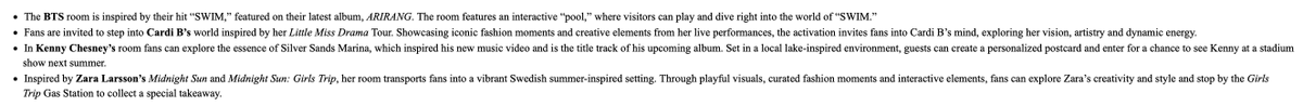 headlineplanet's tweet photo. BTS, Zara Larsson, Cardi B, and Kenny Chesney will have special fan experience "rooms" at the House of Music outside the iHeartRadio Music Festival.

@bts_bighit Room - inspired by SWIM
@zaralarsson Room - inspired by Midnight Sun/Girls Trip
@iamcardib Room - inspired by Little Miss Drama tour
@kennychesney Room - inspired by Silver Sands Marina