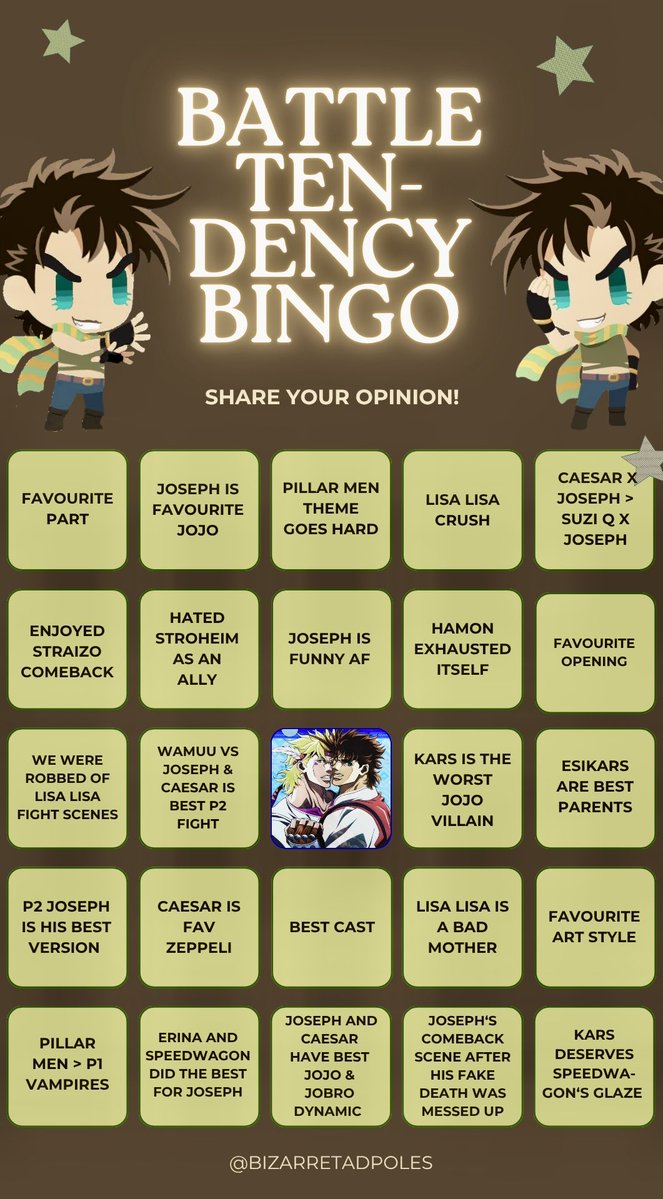 BizarreTadpoles's tweet photo. Battle Tendency bingo!! 🤎 https://t.co/lbCrqTwCBW