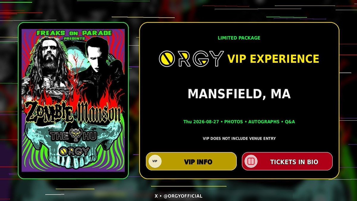 OrgyOfficial's tweet photo. VIP is limited and does not include venue entry. #OrgyVIP 

VIP: https://t.co/2VUA0ovKmb 

Tickets: https://t.co/joHIlbFYhq 

#OrgyOfficial #RobZombie #MarilynManson #TheHu #IndustrialRock #LiveMusic #FreaksOnParade https://t.co/JxfeucIDyz