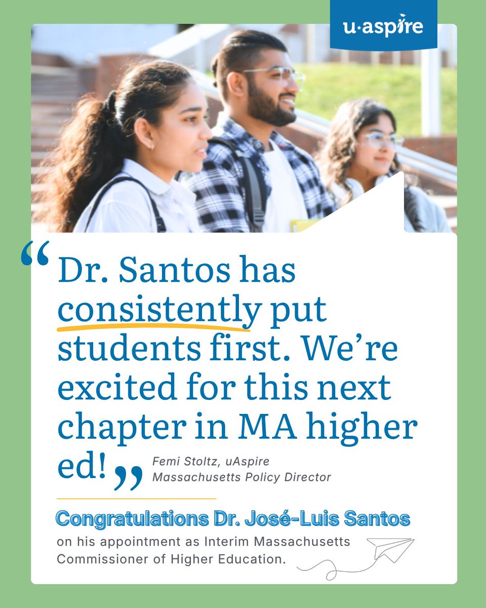 uAspire's tweet photo. Thank you to Commissioner Noe Ortega for your dedicated service to @MassDHE. uAspire was proud to work w/him on many items like this CHEQA student success &amp; college affordability report: https://t.co/m0Wd2eUNk0. Thrilled to welcome Dr. José-Luis Santos as Interim Commissioner! https://t.co/J7GH5MHfFw