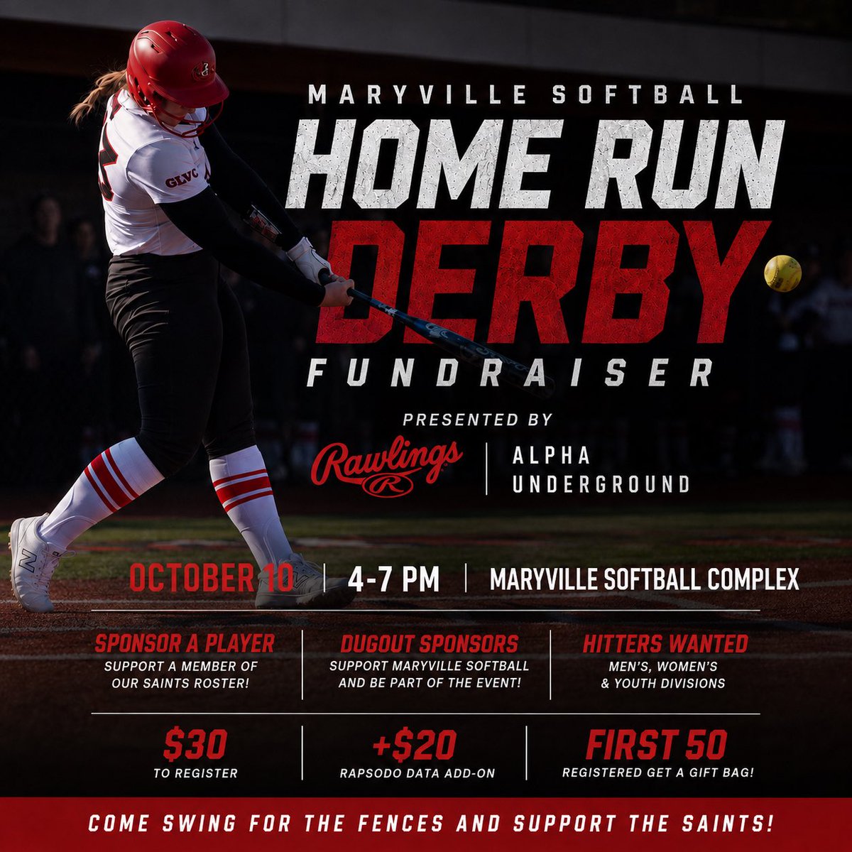 MUSaintsSB's tweet photo. MARK YOUR CALENDARS!

Maryville Softball Home Run Derby
Oct. 10 | 4–7 PM
Presented by Rawlings & Alpha Underground

🔥 Sponsor a Player
🥎 Dugout Sponsors
💪 Men’s, Women’s & Youth Divisions
💰 $30 Entry | +$20 Rapsodo
🎁 First 50 hitters get a gift bag!

Get Involved ⬇️
https://t.co/X9g0TD6sVr