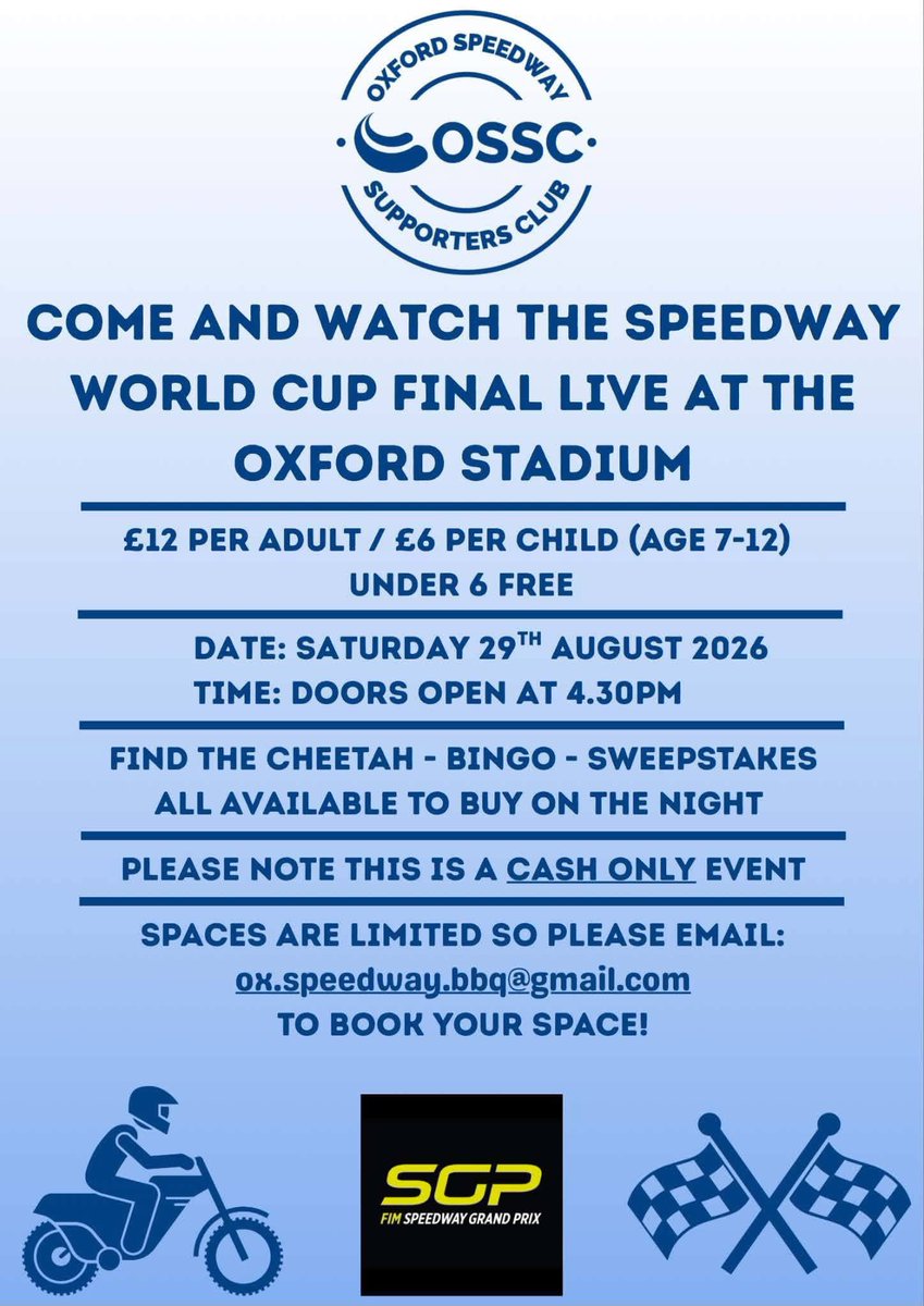 OxfordSpeedway's tweet photo. The Oxford Speedway Supporters Club are hosting a live screening of Saturday’s World Cup Final at the stadium! 📺

🚪 Doors open 4.30pm
🎟️ Adults £12 | Children 7–12 £6 | Under-6s free

📧 Spaces are limited – email ox.speedway.bbq@gmail.com

#OxfordSpeedway | #BritishSpeedway🇬🇧 https://t.co/kSCw76Bxa9