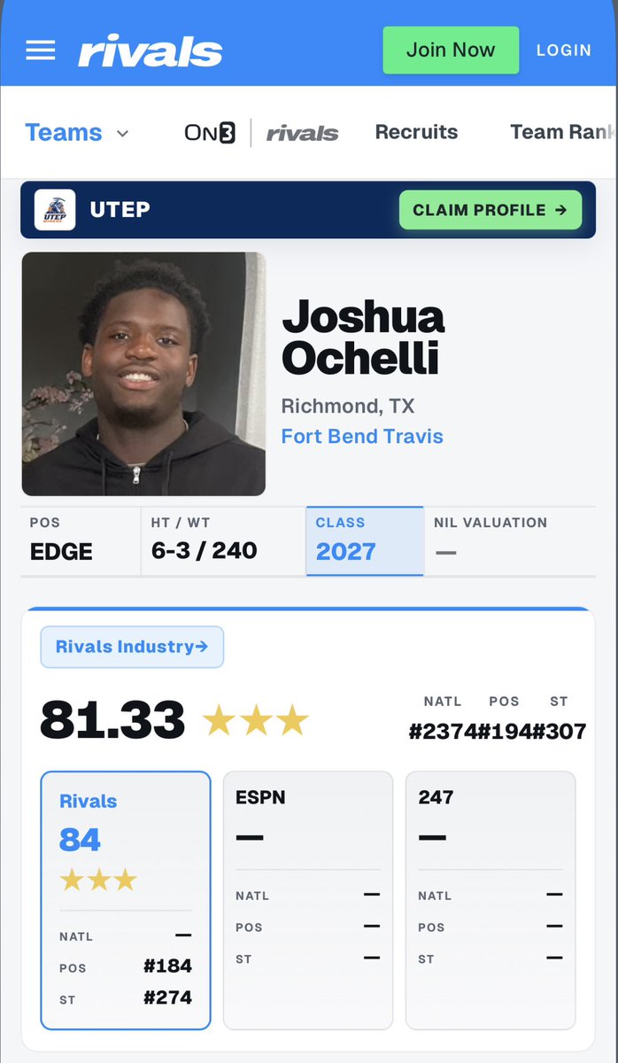 joshuaochelli's tweet photo. Blessed to be named a 3 star on @Rivals !!#AGTG

@coach_crumedy @Marcus_Gomez34 @TravisTiger_FB @CoachDavis99 @BillyGranville https://t.co/RsGsHP5O6a