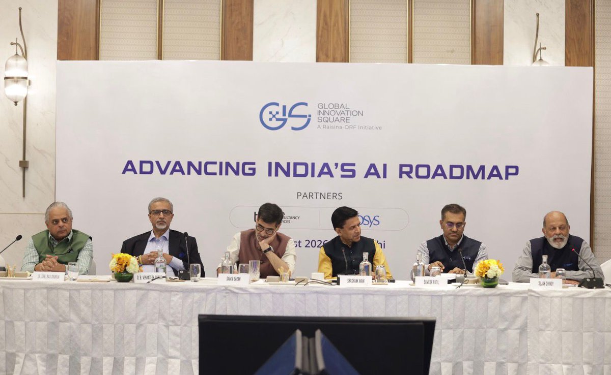 IDSAIndia's tweet photo. DG @SujanChinoy participated in the panel discussion on "National Security and AI" at the Roundtable organised by @orfonline on "Advancing India's AI Roadmap" at the Taj Mansingh Hotel today. 
#NationalSecurity #ArtificialIntelligence #AI #DigitalBattlefield #CyberSecurity #Robotics #MultidomainWarfare