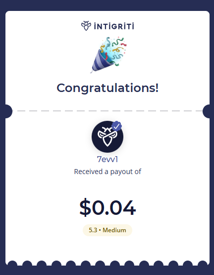 7evv1's tweet photo. Just scored a reward @intigriti https://t.co/LPwqf4EnBK #HackWithIntigriti https://t.co/Ss6pLdZ5cr