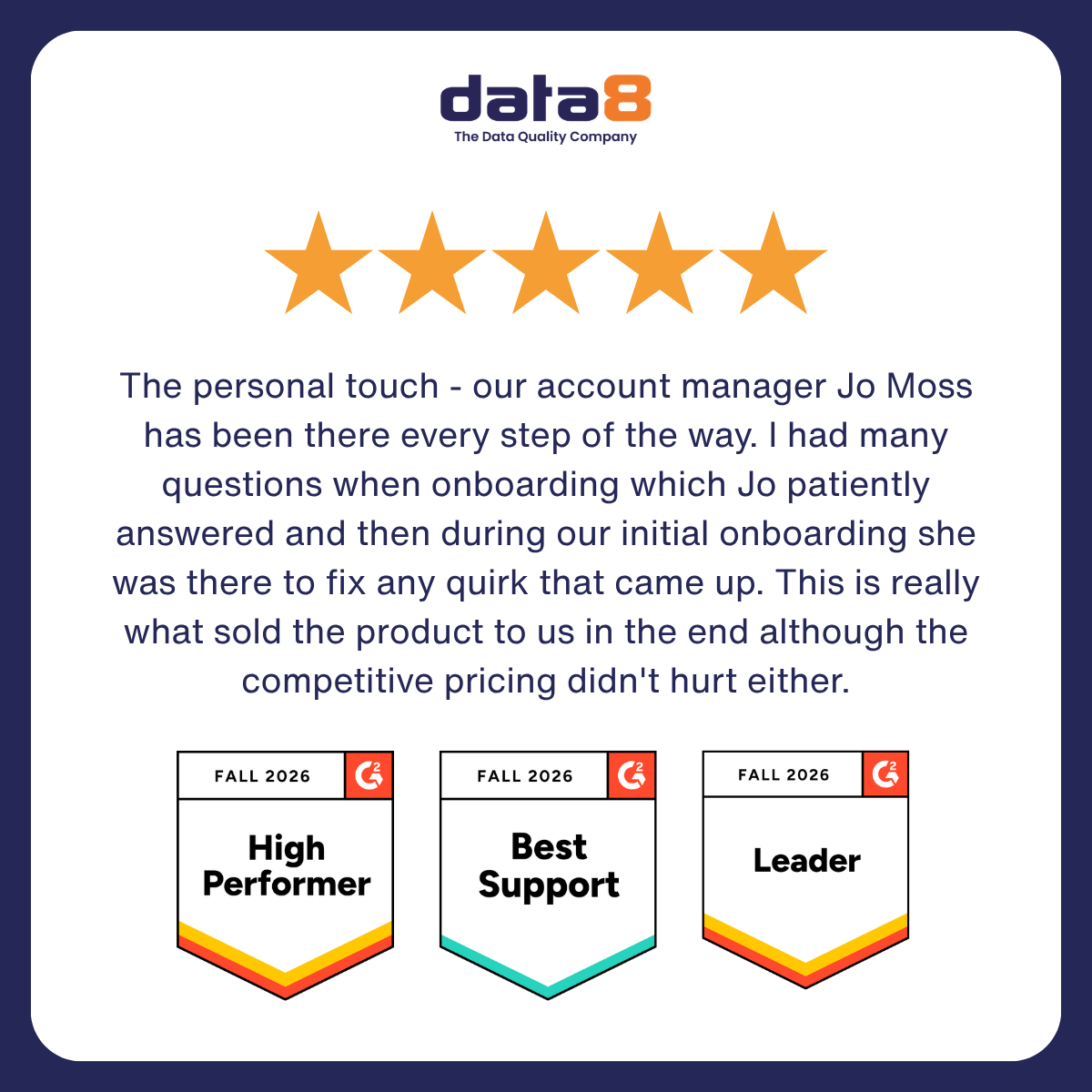data8ltd's tweet photo. We are extremely proud to have received such wonderful feedback regarding Jo Moss, Head of Not For Profit 🤩

#CustomerFeedback #DataCleansing #NotForProfit https://t.co/1vACUAScKw