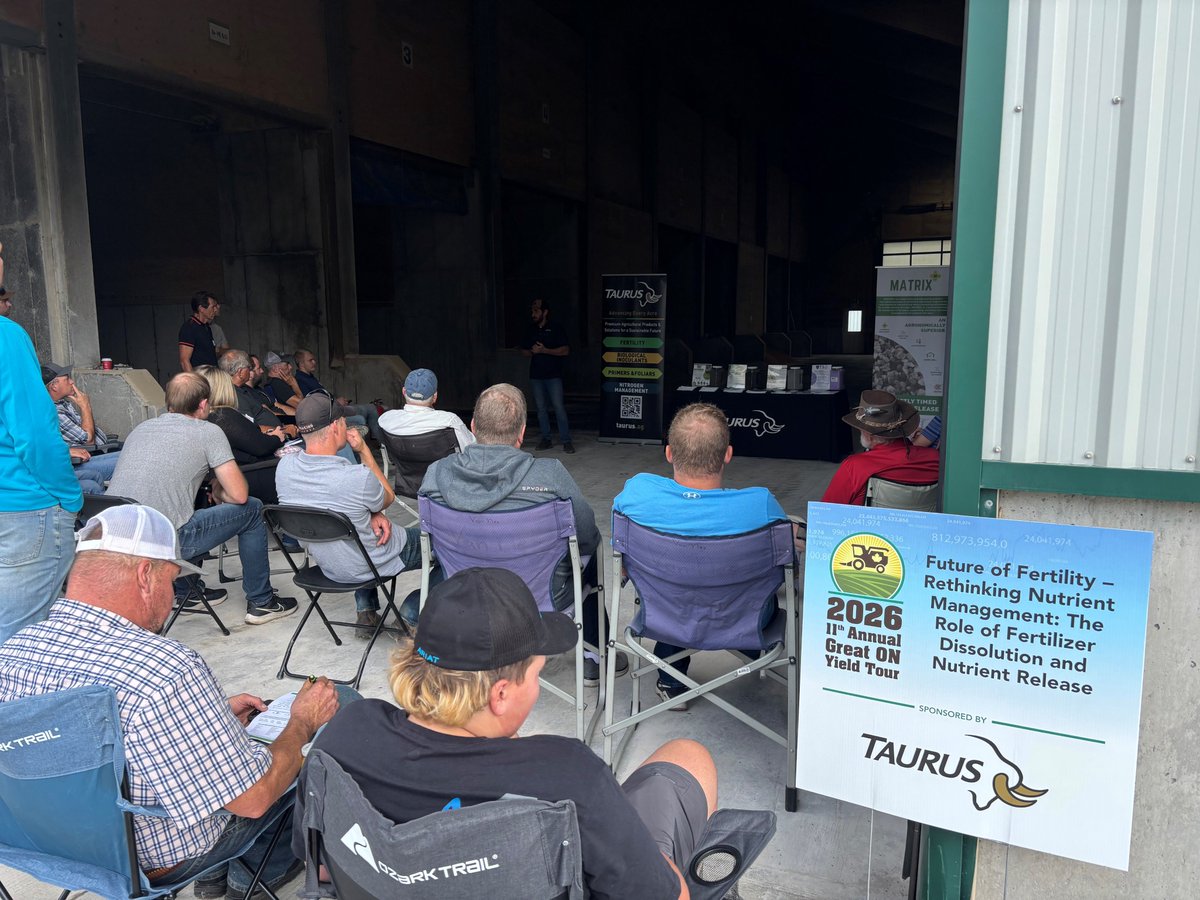FarmsMarketing's tweet photo. #Demo with @TaurusAgTeam @AndersonCarrare at the #ONYield26 is speaking about the Future of Fertility – Rethinking Nutrient Management: The Role of Fertilizer Dissolution and Nutrient Release. This demo will focus on the timing of fertilizer releasing and when it is available to all crops. Farmers hopefully learning something new! @OntAg Special thanks to everyone involved without you this tour would not be possible.