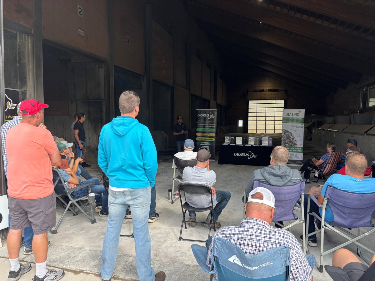 FarmsMarketing's tweet photo. #Demo with @TaurusAgTeam @AndersonCarrare at the #ONYield26 is speaking about the Future of Fertility – Rethinking Nutrient Management: The Role of Fertilizer Dissolution and Nutrient Release. This demo will focus on the timing of fertilizer releasing and when it is available to all crops. Farmers hopefully learning something new! @OntAg Special thanks to everyone involved without you this tour would not be possible.