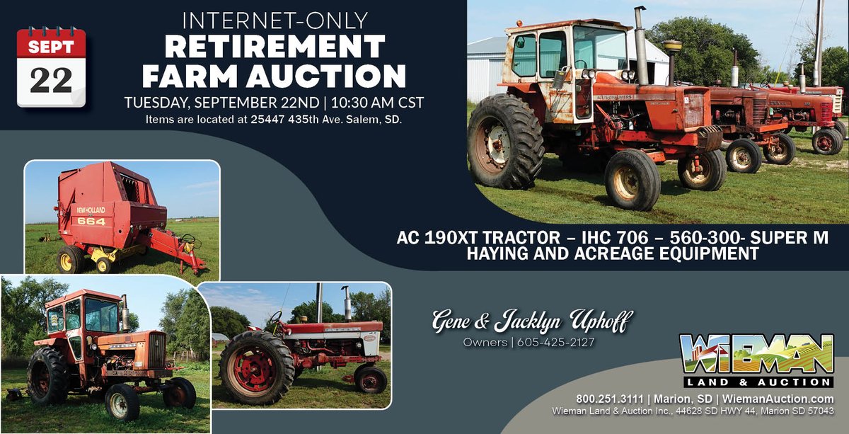 wiemanauction's tweet photo. UPCOMING EVENT: Uphoff Retirement Farm Equipment
9/22 @ 10:30 AM cst
📍25447 435th Ave. Salem, SD

FEATURING AC 190XT TRACTOR – IHC 706 – 560-300- SUPER M HAYING AND ACREAGE EQUIPMENT

Bidding is Live: https://t.co/X2598yN3Ad

#farmequipment #vintagetractor #tractor #ihc #farmall https://t.co/7xsen1VDvv