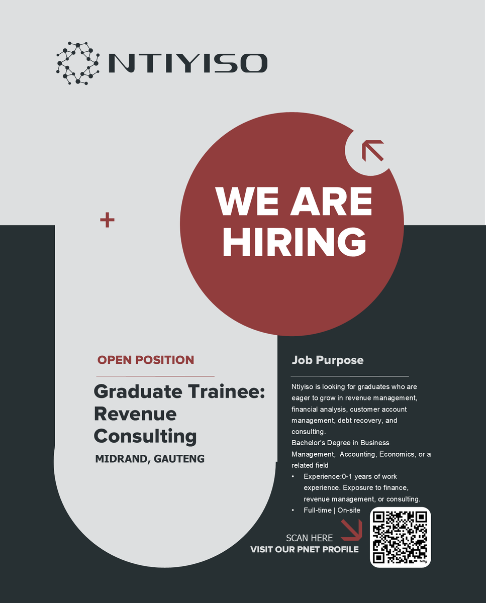 NtiyisoConsult's tweet photo. We're looking for ambitious Graduate Trainees to join our Revenue Consulting team.
Apply on Pnet https://t.co/6NPO9ynxNI
Visit our Website for more information on Ntiyiso https://t.co/ZVVHW4kVRz
#Ntiyiso #GraduateProgramme #RevenueConsulting #NowHiring #CareerOpportunities https://t.co/QTI94Pp7oY