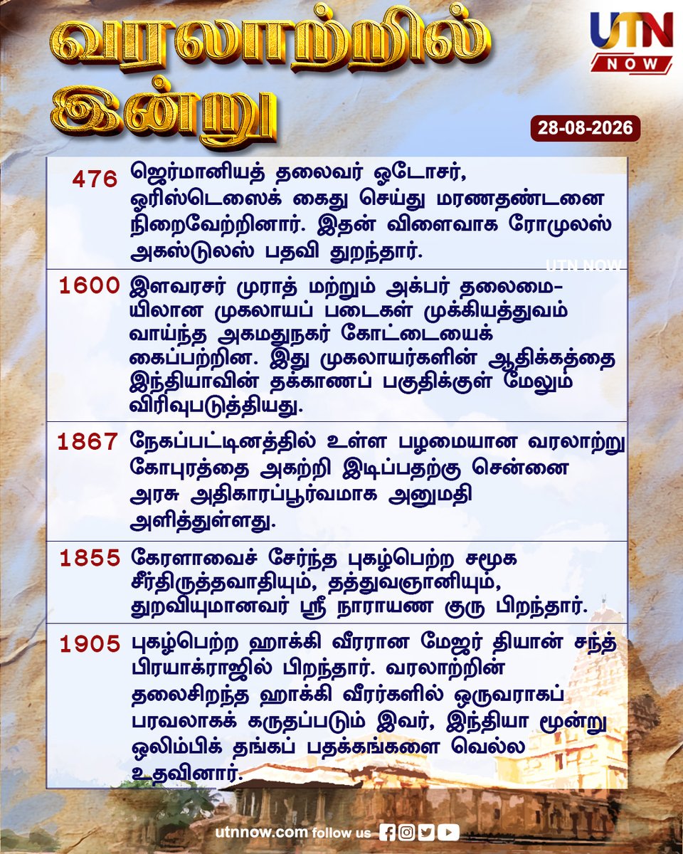 UTNNOW's tweet photo. இன்றைய வரலாற்றுச் சுவடுகள் - 28.08.2026 HistoryToday #WorldHistory #FactsDaily #DidYouKnow #utnnow https://t.co/Z6bCaMNDYh