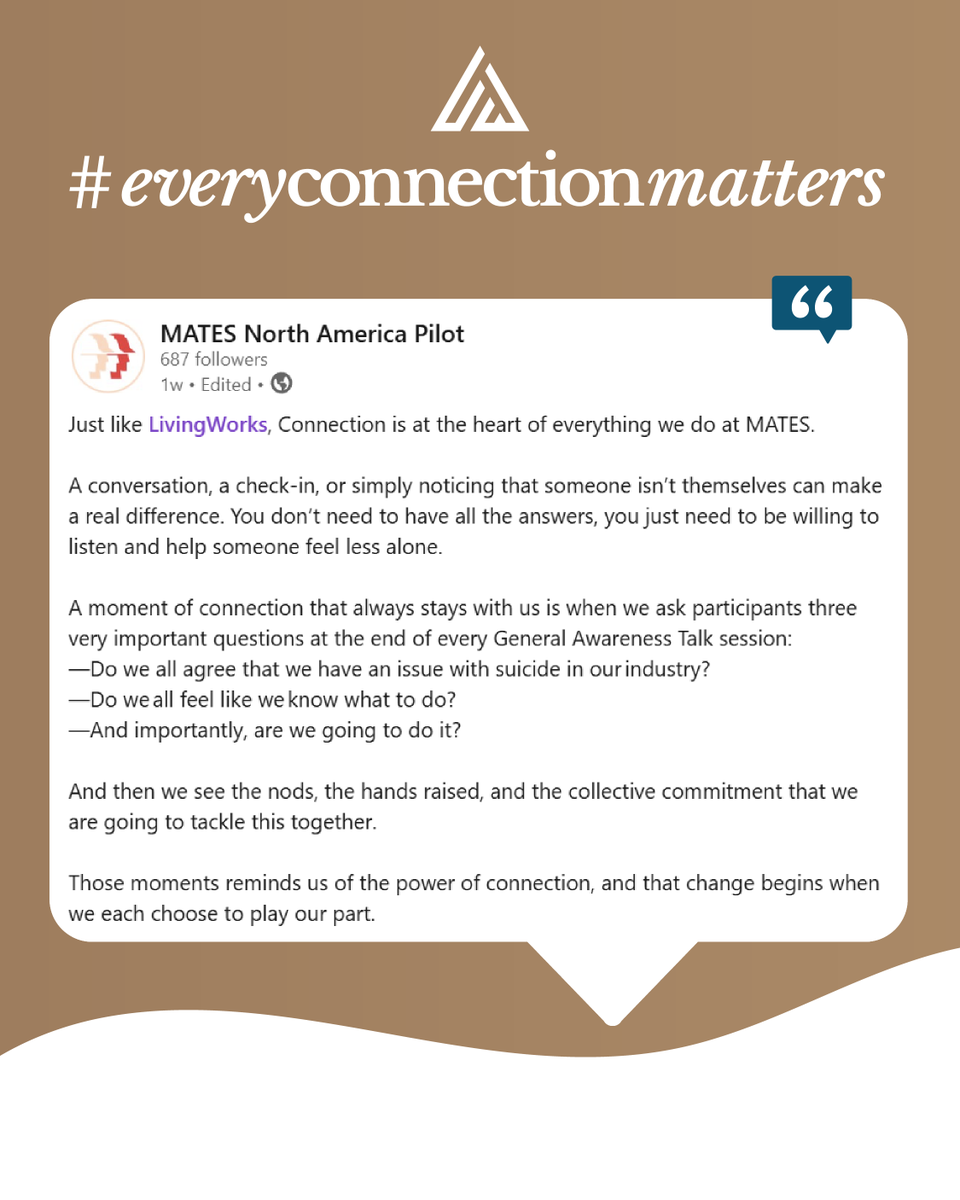 Living_Works's tweet photo. Connection can turn shared purpose into action. 💙

@MATESNthAmerica shares how conversations in the construction industry can build a commitment to look out for one another.

💬 How do you create connections with others?

#EveryConnectionMatters #SuicidePrevention https://t.co/pLOnfxt7vG