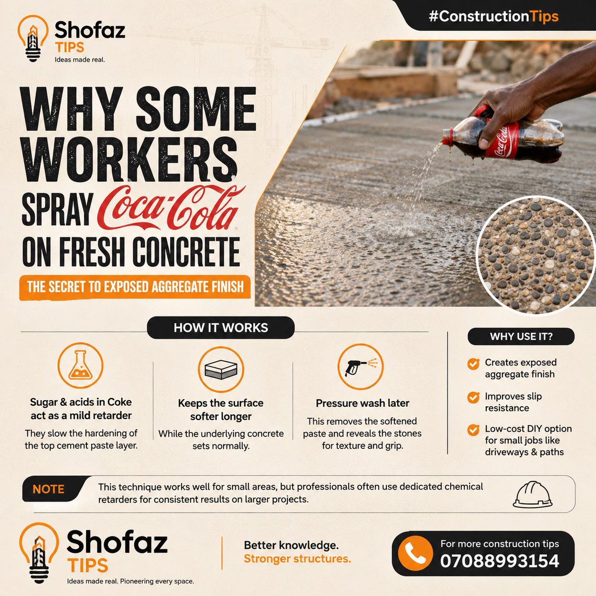 shofaz28's tweet photo. Coke on fresh concrete? 🥤🏗️

The sugar and acids can slow the surface from hardening, allowing the aggregate to be exposed later by pressure washing.

That’s how you get an exposed aggregate finish with better texture and grip.

#ConstructionTips #ShofazTipz https://t.co/KWt8lbyyxZ