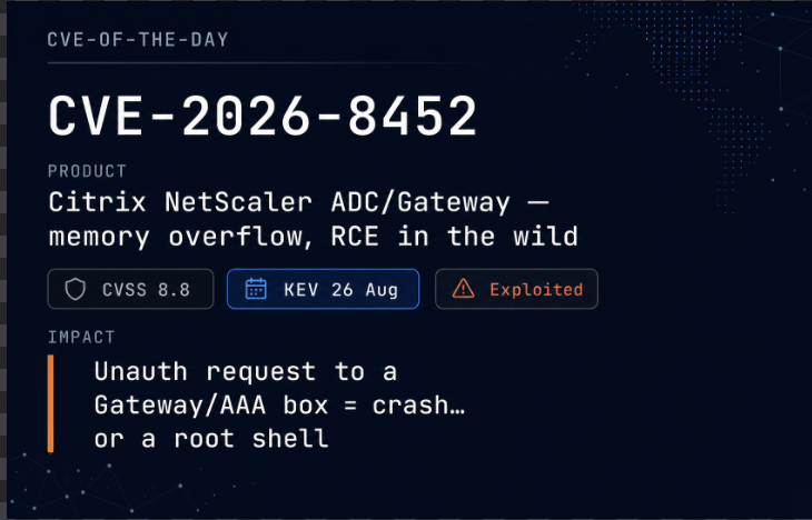 YourDailyCVE's tweet photo. 🚨 CVE-2026-8452 — NetScaler RCE. Patch before Saturday. KEV Aug 26.

Who should care: anyone running NetScaler ADC/Gateway configured as a Gateway (SSL VPN, ICA Proxy, CVPN, RDP Proxy) or AAA virtual server with SAML SSO enabled, on 14.1 before build 72.61 or 13.1 before build 63.18.

Impact: Can unauthenticated attacker sends one crafted SAML message. NetScaler copies an attacker-controlled field into a fixed-size buffer during signature canonicalization without checking its size, corrupting memory in the process that carries all traffic through the appliance. Citrix's own advisory calls this denial-of-service — watchTowr Labs mapped a path from that same heap overflow to remote code execution.

Status: actively exploited. New Zealand's NCSC reported exploitation of this NetScaler batch back in July. CISA added it to KEV today (Aug 26), federal deadline Aug 29.

Fix today: upgrade to NetScaler ADC/Gateway 14.1-72.61 or 13.1-63.18 or later, then verify every virtual server actually picked up the build — patch state is externally checkable with a couple of ordinary SAML requests.

If you can't patch: disable SAML SSO on Gateway/AAA virtual servers, or restrict access to trusted networks only. That removes the trigger path — it's not a substitute for patching.

Source: https://t.co/bYmmVmCbiX CVE-2026-8452 / Citrix CTX696604 / CISA KEV
#NetScaler