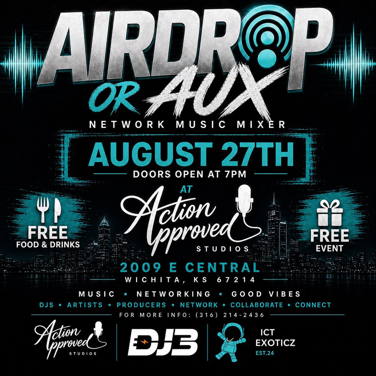 DJ3316's tweet photo. TONIGHT 
🍕 FREE Food &amp; Drinks
🎟️ FREE Admission
📍 Action Approved Studios
📅 August 27th
🕖 Doors Open at 7:00 PM

Let’s create a culture where Wichita artists support Wichita artists.

Tag somebody who’s making moves and pull up together. 💯 #wichita https://t.co/res2xeDvy5