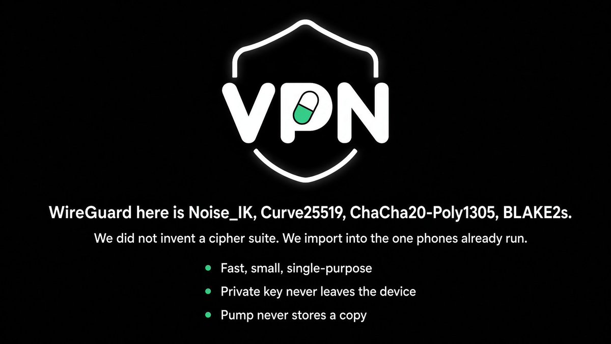 PumpVPN's tweet photo. WireGuard here is Noise_IK, Curve25519, ChaCha20-Poly1305, BLAKE2s. We did not invent a cipher suite. We import into the one phones already run.

CA: 79EDS4zqKLxeqe7WXpgQ7jnZdirmwUuJPQNLUYHapump $PVPN

• Fast, small, single-purpose
• Private key never leaves the device
• Pump never stores a copy