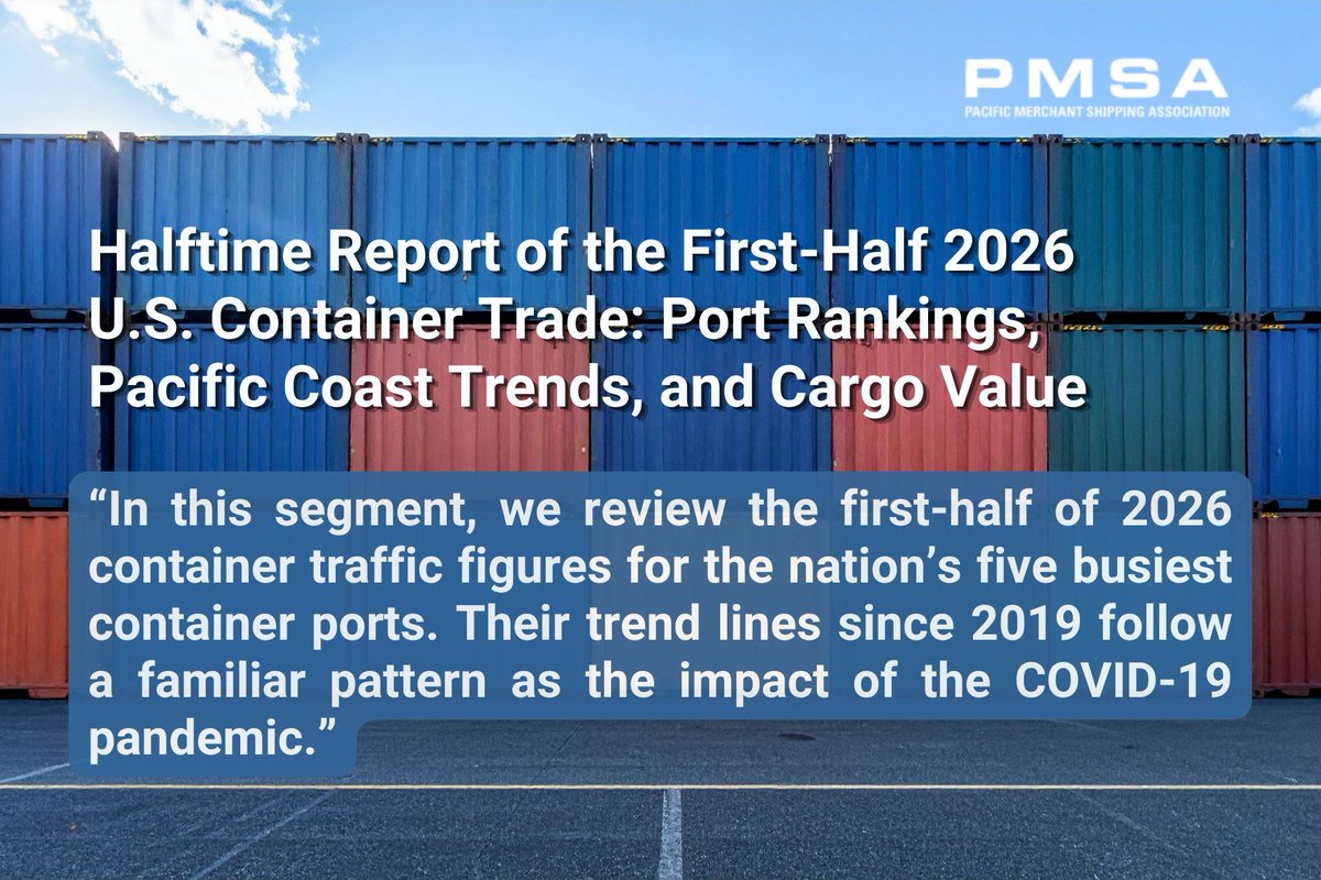 PMSAship's tweet photo. Halftime report is in: U.S. container trade in H1 2026 tells a story of divergence. Read it here: https://t.co/dEz7JK04g1

#MaritimeIndustry #SupplyChain #ContainerTrade #PortsofLALB #WestCoastPorts #Logistics #GlobalTrade https://t.co/tw7MKlDer4