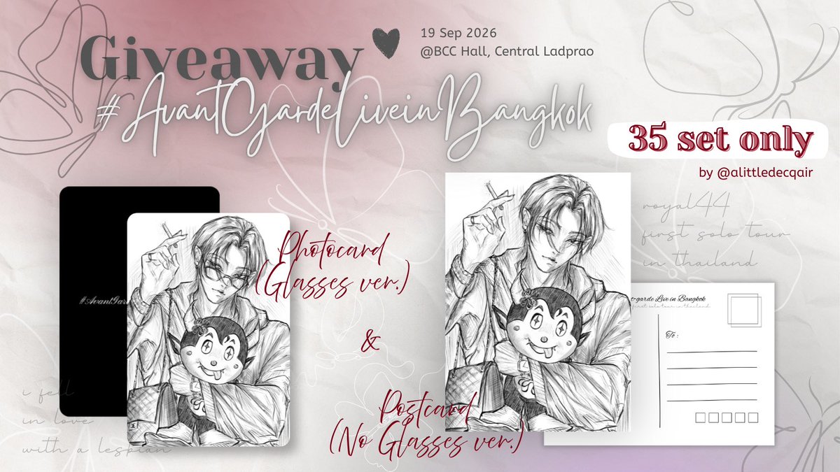 alittledecqair's tweet photo. ⋆˙⟡ giveaway *
🦋 royal44 — photo card and postcard (35set) ♡

on 19 sep (sat) 
@ bcc hall, central ladprao
for # AvantGardeLiveinBangkok

just poke me if you see it, nothing else😂 https://t.co/SRYRjwcrSS