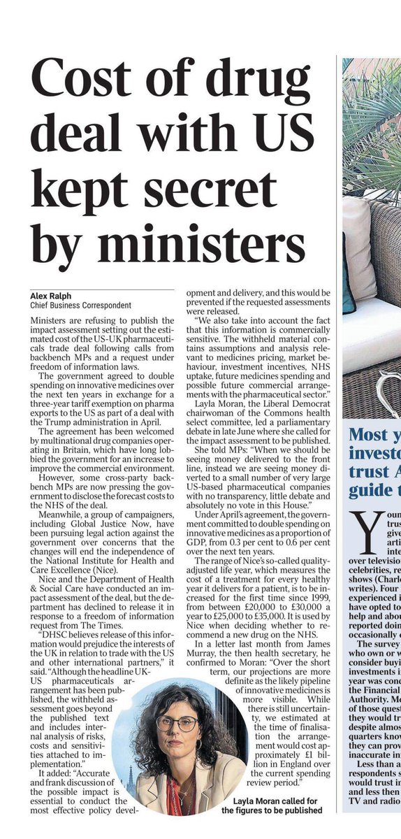 LizWebsterSBF's tweet photo. 🚨 🚩 🔥 This is mission creep towards the American 🇺🇸 healthcare model.

It begins with a trade deal to secure a temporary US tariff exemption for British pharmaceutical exports.

It ends with ministers agreeing to increase NHS medicines spending, changing the price NICE considers cost-effective and then concealing their own assessment of what the concession will cost.

No one announces the privatisation of the NHS.

Instead, trade negotiations gradually import American pharmaceutical pricing power into British healthcare:

👉 taxpayers pay more
👉 multinational drug companies gain leverage
👉 NICE’s independence comes under pressure
👉 Parliament is denied the figures
👉 “commercial confidentiality” replaces democratic scrutiny

The tariff exemption lasts three years. The higher costs and altered purchasing system will embed. 

If the deal is good for patients and taxpayers, publish the impact assessment.