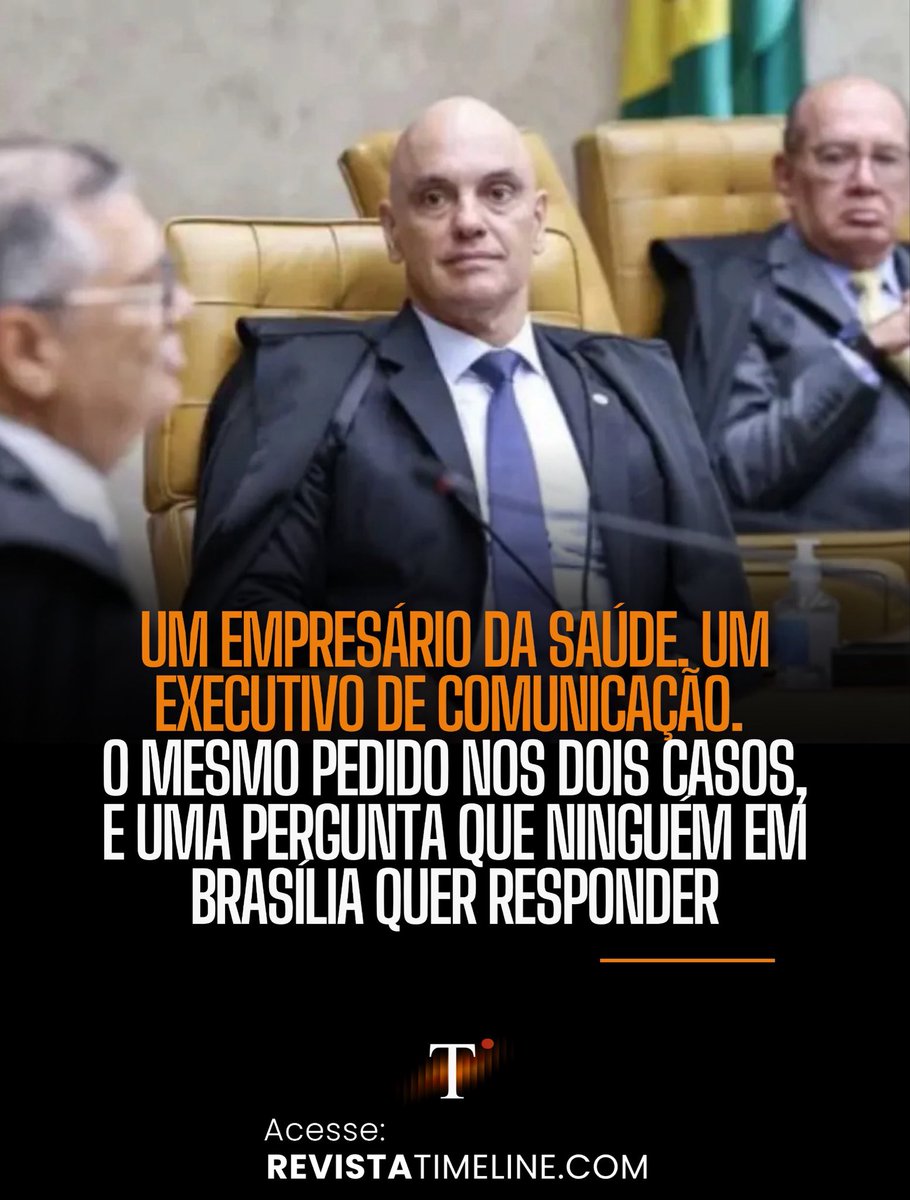 RevistaTL's tweet photo. Imagine que o seu telefone toca numa tarde comum. Do outro lado está um ministro do Supremo Tribunal Federal. Não é uma intimação, não é um processo, não é nada que você possa levar ao seu advogado. É uma conversa. E, no meio dela, você entende que existe um nome do qual seria melhor se afastar.

Segundo reportagem publicada nesta terça-feira pelo Jornal da Cidade Online, com base em apuração da coluna No Ponto, da Revista Oeste, assinada por Cristyan Costa, foi mais ou menos isso o que aconteceu com dois empresários brasileiros.

No primeiro caso, um empresário do ramo de saúde teria sido advertido por Flávio Dino de que o ministro poderia atuar contra ele e contra o setor. Na conversa, segundo a reportagem, Dino teria citado como exemplo o alcance das próprias decisões no processo das emendas parlamentares.

No segundo, Gilmar Mendes teria pressionado um empresário de uma grande companhia de comunicação para interromper o contato com André Mendonça e parar de aproximá-lo de representantes de outras áreas.