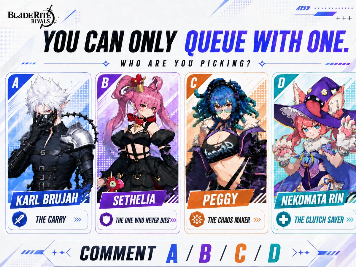 blade_rite's tweet photo. You can only queue with ONE in #Bladerite
Who are you picking?
Drop your answer below, then DM me your game ID to claim a surprise gift pack 🎁 https://t.co/imOo6qvlhH