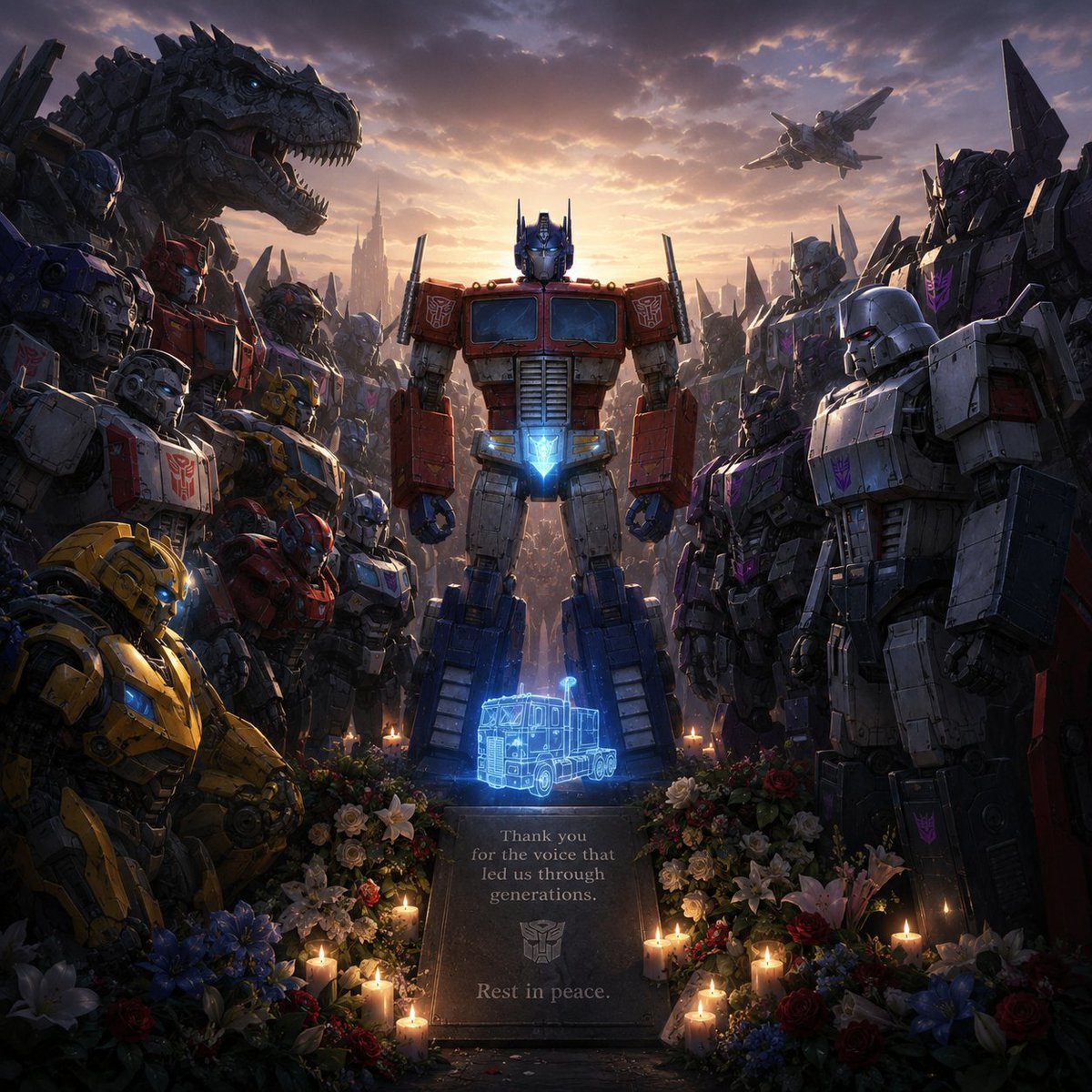 Echo__Meister's tweet photo. R.I.P Peter Cullen. Thank you for the childhood. Transformers, Roll Out

(Yes, its made with ChatGPT) https://t.co/Xzg88RxJmO