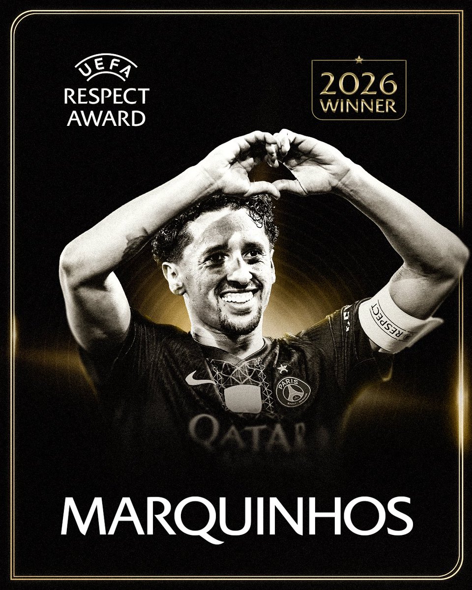 UEFA's tweet photo. 🙌 Congratulations to @marquinhos_m5, the first-ever winner of the UEFA Respect: Beyond the Game Award.  💙 Building on our Respect campaign, the award celebrates gestures of kindness, dignity, solidarity and empathy. https://t.co/BYsTKpvYxc