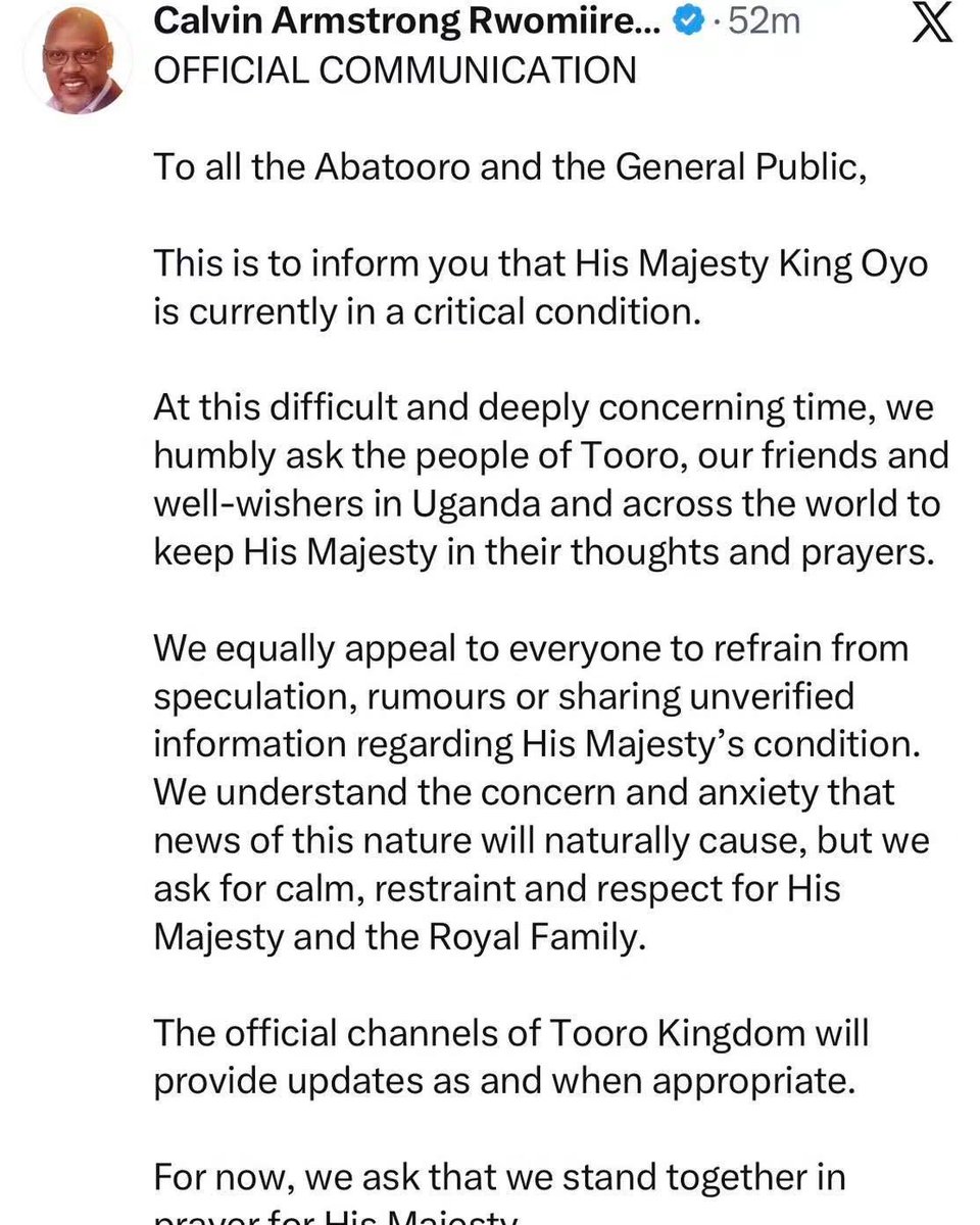 MaserukaSadat's tweet photo. #Tooro Kingdom says that Omukama Oyo Nyimba Kabamba Iguru Rukidi IV is in critical condition, calls on Ugandans to keep the King in their prayers, while urging the public to avoid spreading rumours.
#Oyo
#TooroKing https://t.co/YkVopWj6BT