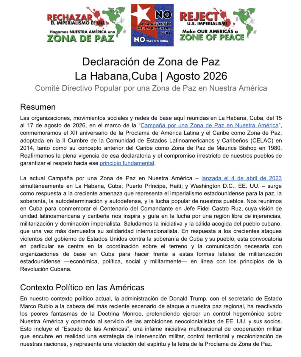 siempreconcuba's tweet photo. Organizaciones, movimientos sociales y redes de base reunidas en #LaHabana, en el marco de la "Campaña por una Zona de Paz en Nuestra América", aprobaron una declaración que reafirma la plena vigencia de la Proclama de América Latina y el Caribe como #ZonadePaz
#ICAPCuba https://t.co/5NNCOCWXyW