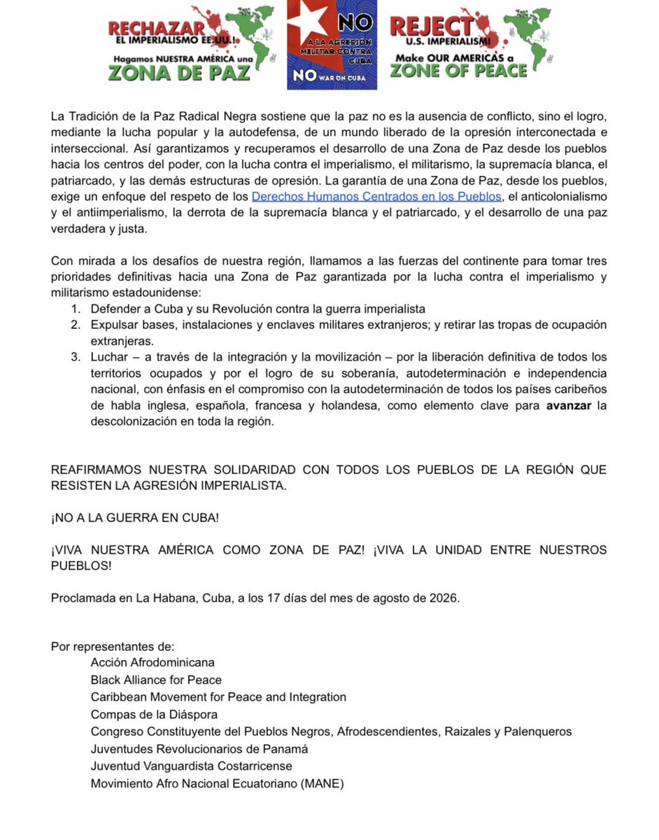 siempreconcuba's tweet photo. Organizaciones, movimientos sociales y redes de base reunidas en #LaHabana, en el marco de la "Campaña por una Zona de Paz en Nuestra América", aprobaron una declaración que reafirma la plena vigencia de la Proclama de América Latina y el Caribe como #ZonadePaz
#ICAPCuba https://t.co/5NNCOCWXyW