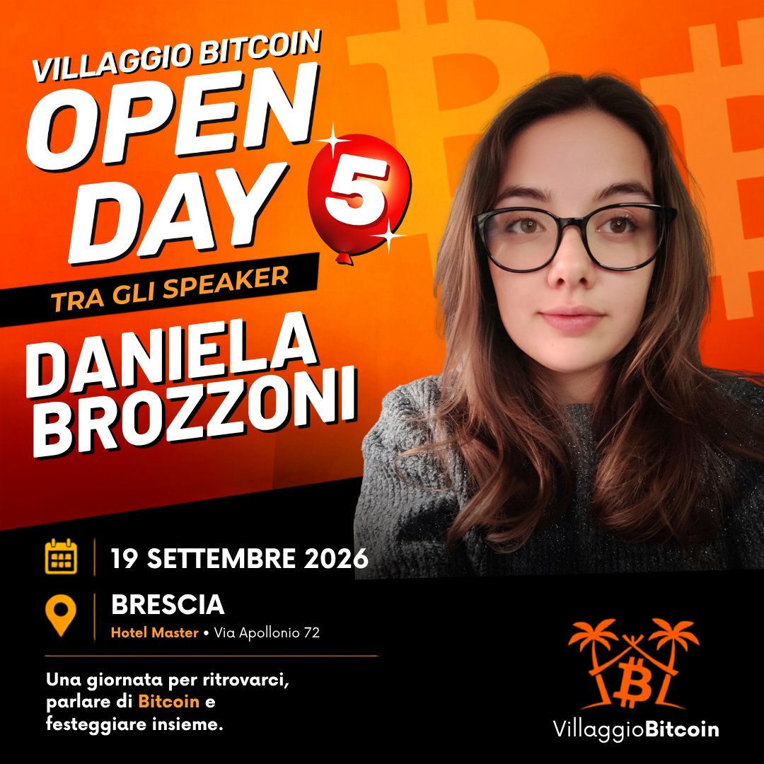 VillaggioBTC's tweet photo. Villaggio Bitcoin Open Day 5 🧡

Tra gli speaker del 19 settembre anche @danielabrozzoni 👩‍💻
Bitcoin Core developer, BDK contributor e Bitcoin Red Team.

📍 Hotel Master, Brescia

Una giornata per incontrarsi, condividere esperienze e celebrare 5 anni di Villaggio Bitcoin. https://t.co/fwWp7PUP3V
