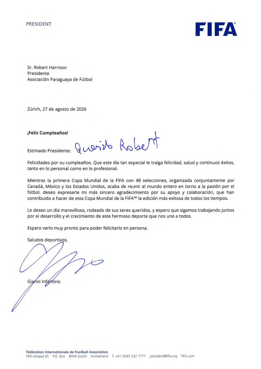 APFOficial's tweet photo. El presidente de la FIFA, Gianni Infantino, hizo llegar sus felicitaciones al presidente de la Asociación Paraguaya de Fútbol, Robert Harrison (@RHarrisonP), con motivo de su cumpleaños. 

Un especial agradecimiento por el afectuoso mensaje y por el permanente acompañamiento al fútbol paraguayo.

¡Gracias por el saludo, Presidente!

🤝 Seguimos trabajando juntos por el crecimiento y desarrollo de nuestro fútbol.