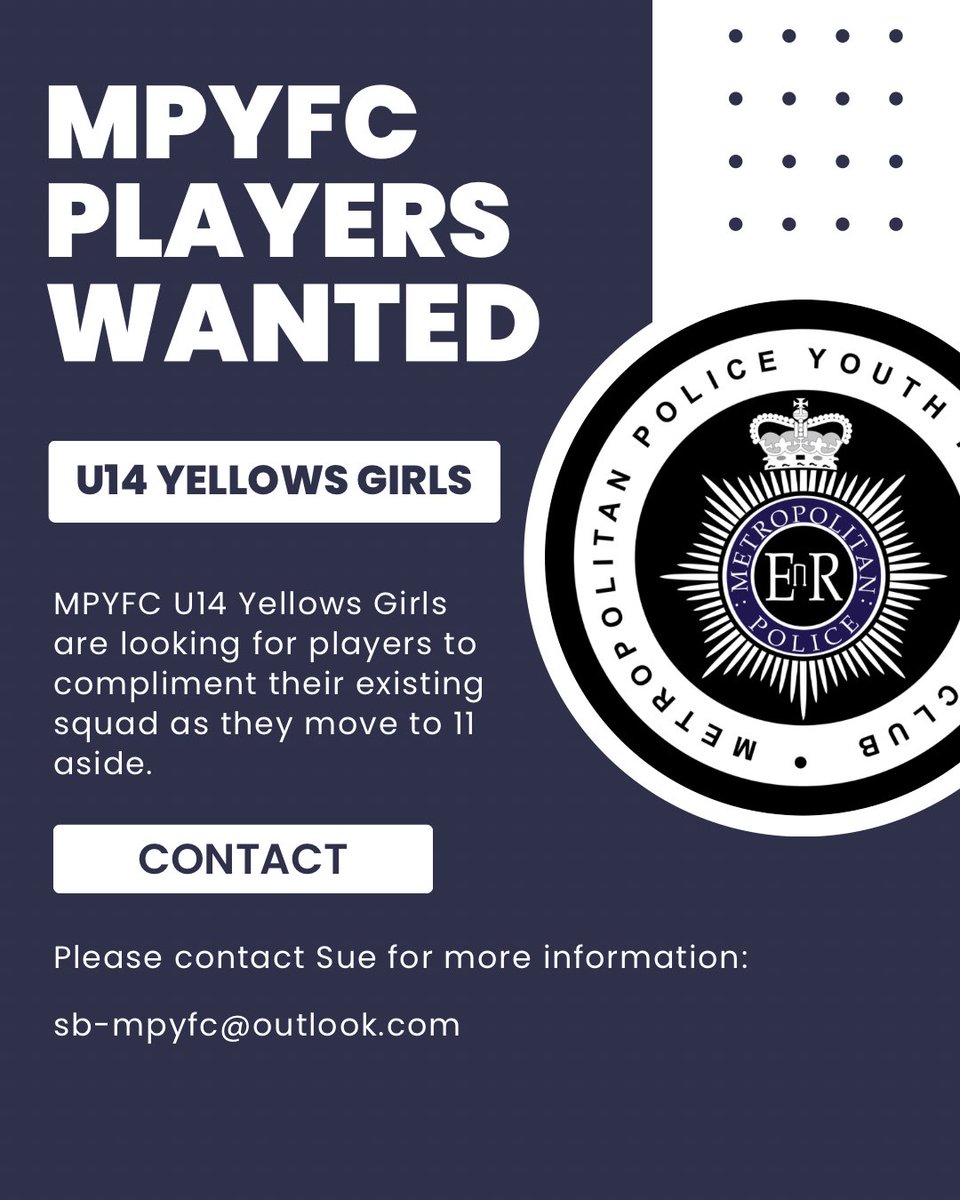 MPYFC's tweet photo. 🔹MPYFC Girls Players Wanted🔹
 
MPYFC are looking for players to join their U14 Yellows Girls team🤝🏼

For more information, please email us!📧
Sb-mpyfc@outlook.com

#MPYFC #MetPoliceYouthFC #footballteam #youthfootball #girlsfootball https://t.co/nuoFlzABTi
