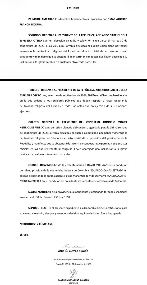 SantiagoVelezP's tweet photo. Me parece excesivo el fallo que ordena al presidente Abelardo de la Espriella pedirle disculpas al país por las expresiones religiosas de su posesión. Colombia es un Estado laico, pero no un Estado ateo. La propia Constitución invoca la protección de Dios y ordena al Presidente jurar ante Dios al posesionarse.

Una cosa es que el Estado adopte o privilegie oficialmente una religión y otra muy distinta que el Presidente exprese públicamente su fe. Abelardo no consagró a Colombia a ningún credo ni declaró una religión oficial. La neutralidad religiosa protege el pluralismo, pero no debería convertirse en una obligación de silencio religioso.
