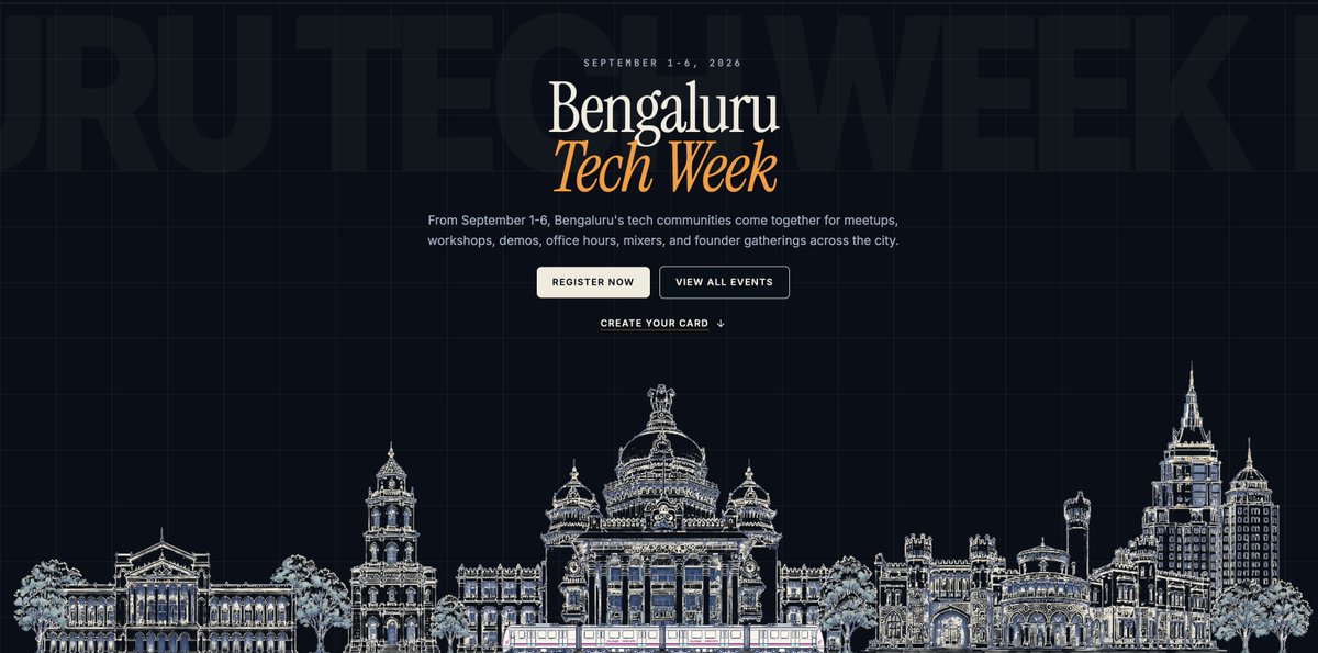 BLRxZo's tweet photo. Bengaluru Tech Week (Sept 1-6) has 100+ events across the city. Some evenings, 15-20 things are happening at once.

We pulled every single one from the official list, organized it day by day, and mapped out the routing so you're not stuck in traffic between venues.

The Ultimate Guide to Bengaluru Tech Week 2026: https://t.co/pclLx0fODQ