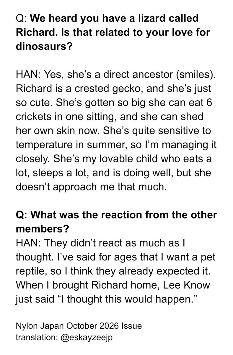 eskayzeejp's tweet photo. Han talking about Richard... 🦎💚

from Nylon Japan October 2026 issue 🌟 https://t.co/aoB5xcYGiK